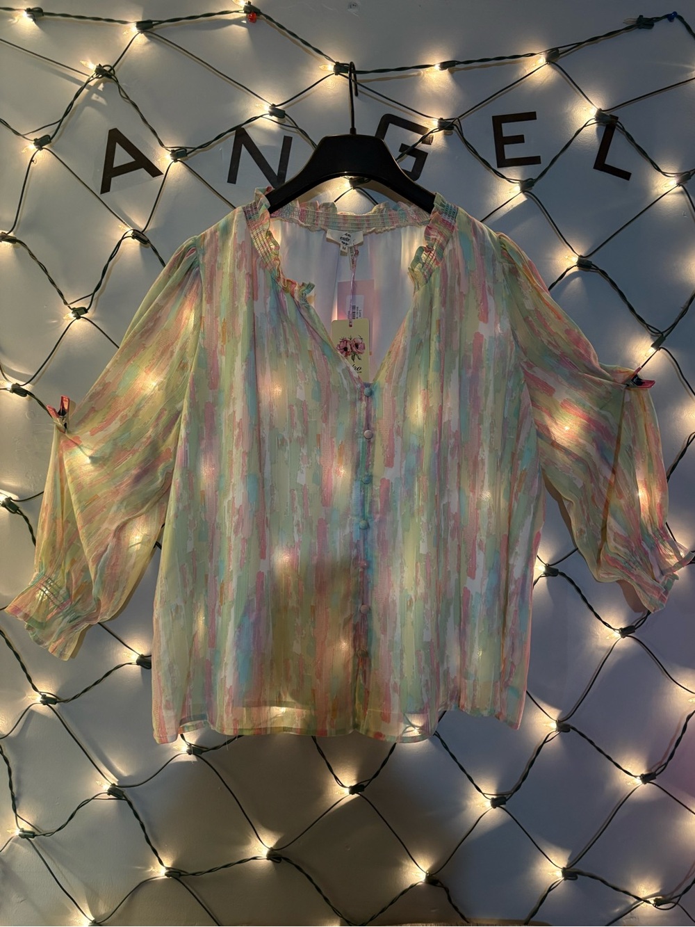 entro Pastel Multi-Stripe Ruffle-Neck Button Blouse‎ 25↔️15↕️ #1787